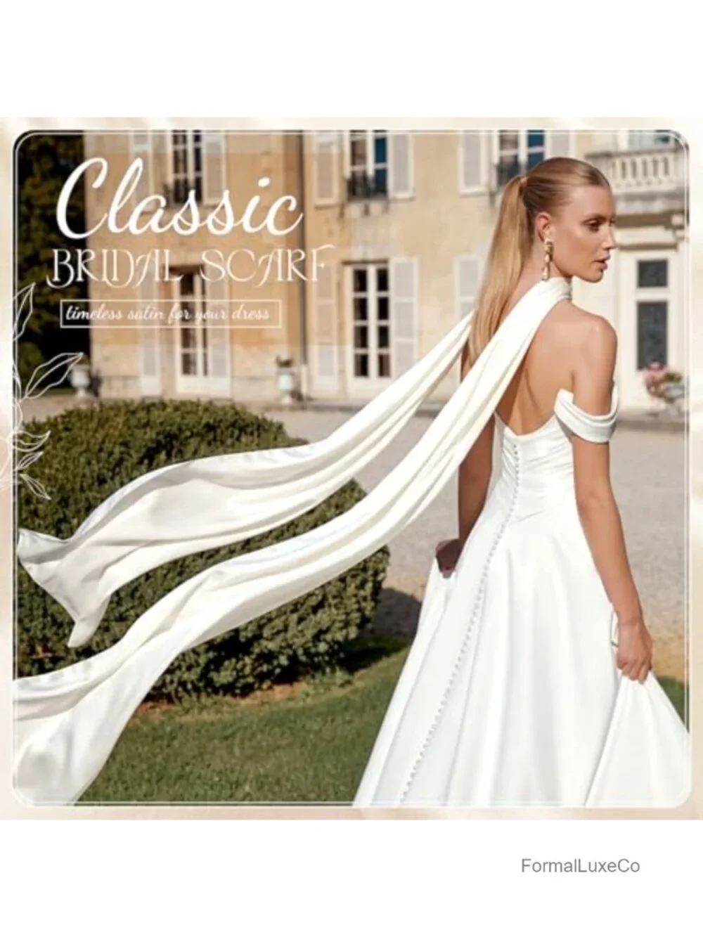 Ivory Satin Tulle Bridal Neckerchief Scarf Flowing Shawl Wedding Accessory